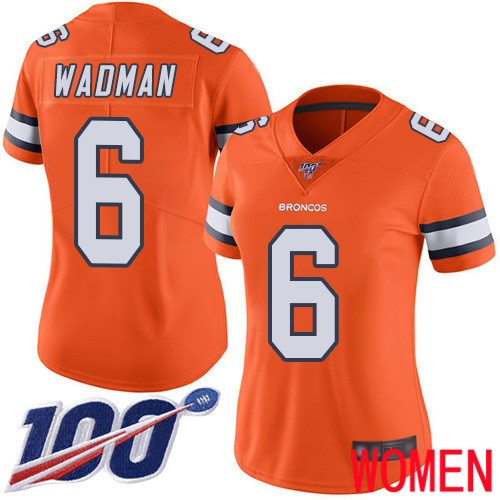 Women Denver Broncos 6 Colby Wadman Limited Orange Rush Vapor Untouchable 100th Season Football NFL Jersey